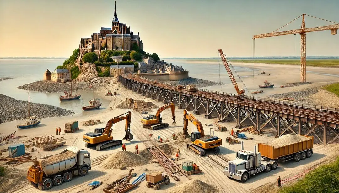 DALL·E 2024 08 04 12.43.24 A construction scene of Mont Saint Michel with the steel bridge under construction. The bridge is being built at ground level near the sand. Include a1